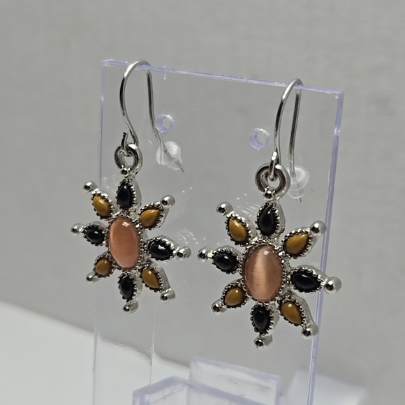 Vintage CHAPS Silvertone Flower Dangle Pierced Earrings Black Taupe Brown Stone - Picture 2 of 8